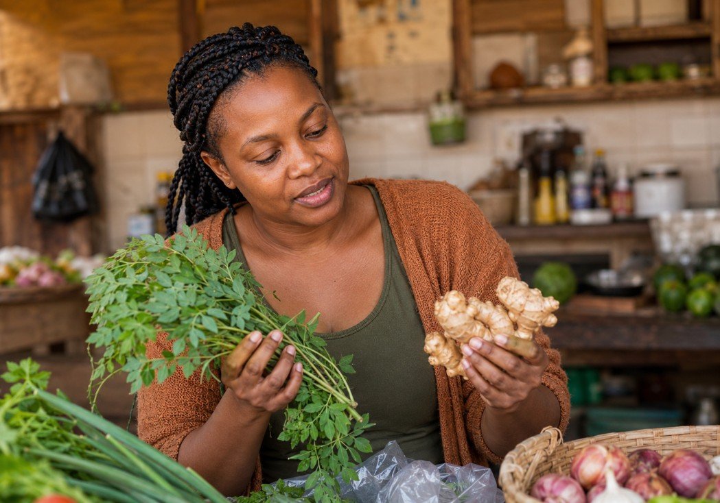 Sandra with natural herbs